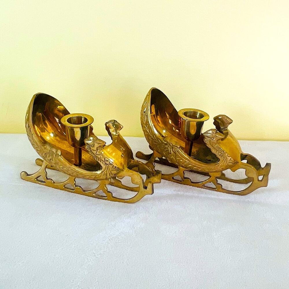 Vtg Pair Solid Brass Christmas Sleigh Candle Holders Taper Candlesticks Mantle